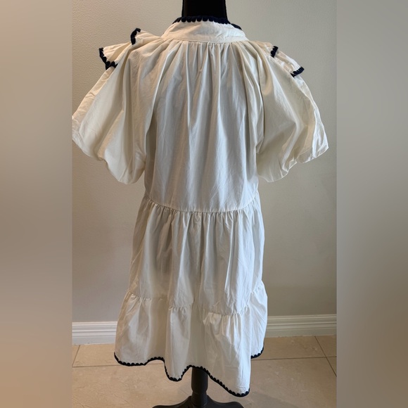 Umgee Cream Tiered V-Neck Dress with Navy Crotchet Trim - Picture 4 of 6